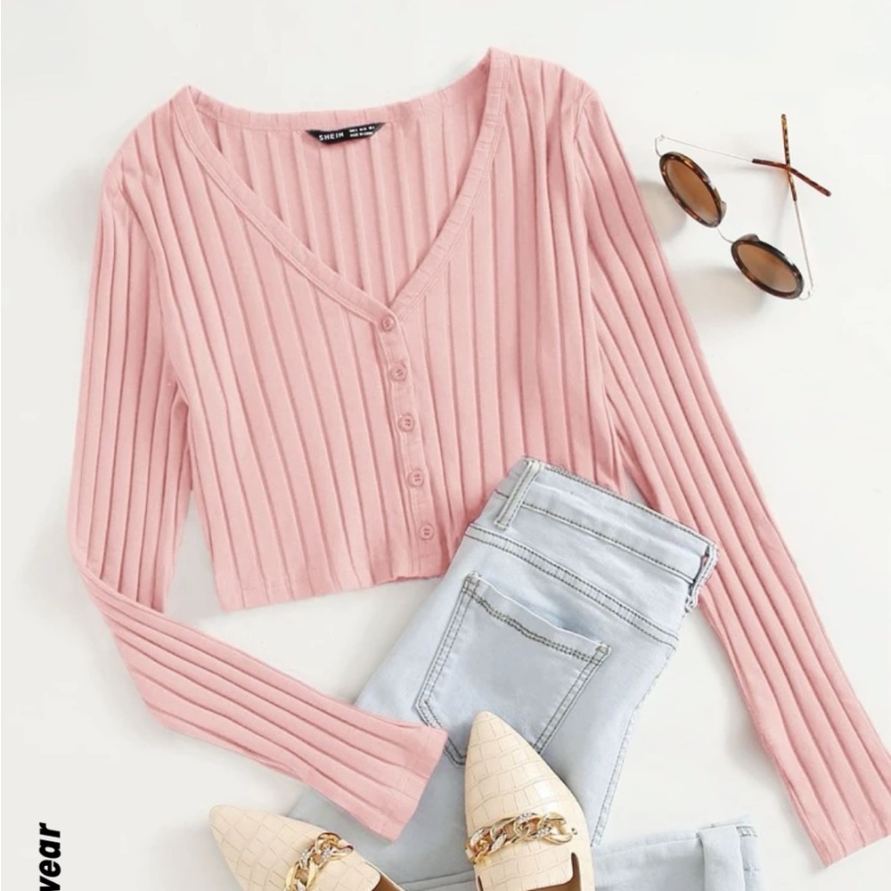 3 shein tops v neck button front ribbed top. In pink, black, and white